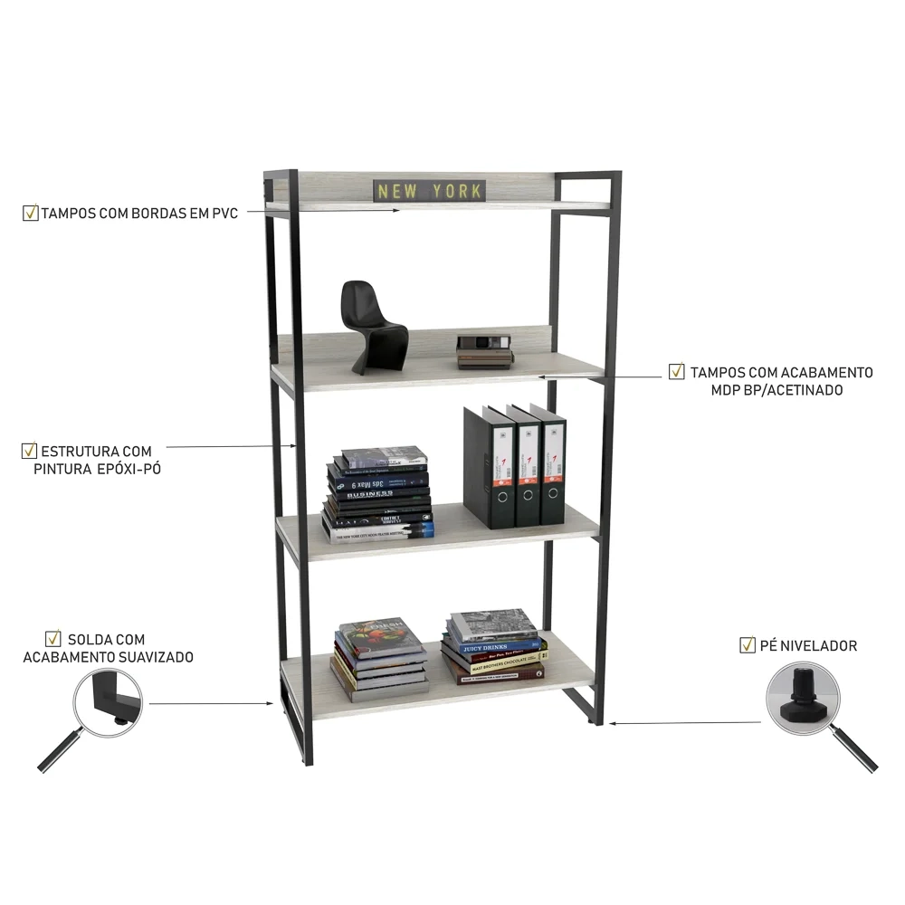 Kit 2 Estantes Livreiro Prisma Estilo Industrial 80cm 4 Prateleiras C08 Snow - Mpozenato