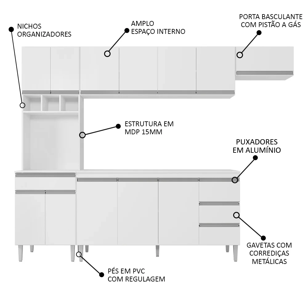 Cozinha Modulada 4 Peças Balcão com Tampo 160cm Andréia Branco - AJL Móveis