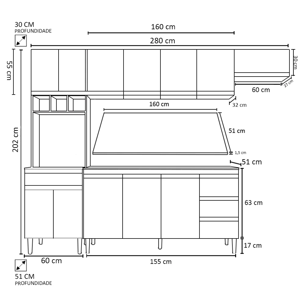 Cozinha Modulada 4 Peças Balcão com Tampo 160cm Andréia Branco - AJL Móveis