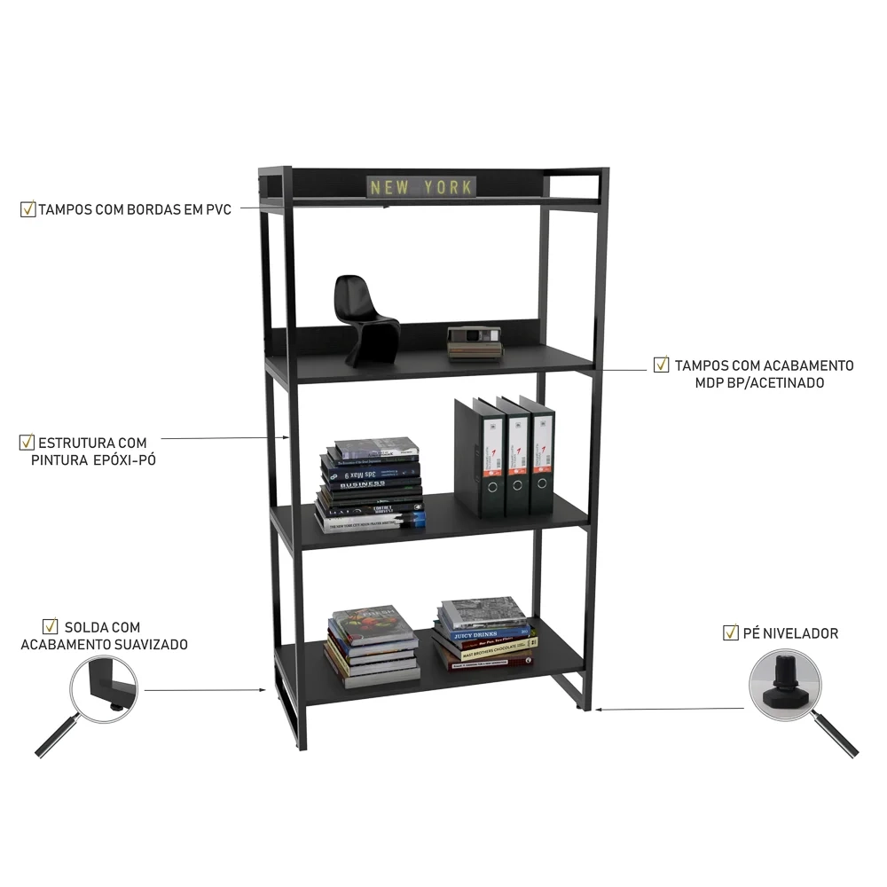 Kit 3 Estantes Livreiro Prisma Estilo Industrial 80cm 4 Prateleiras C08 Preto Onix - Mpozenato