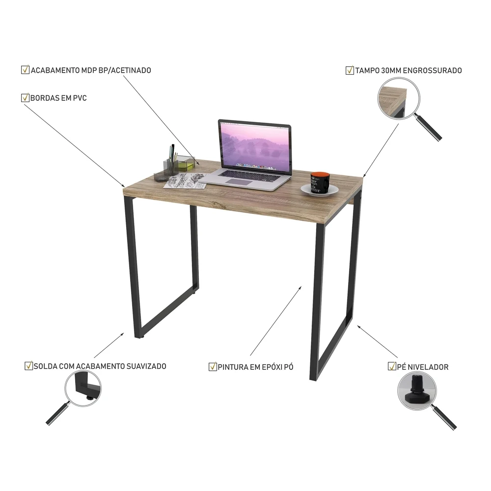 Kit 2 Mesas de Escritório Office 90cm Estilo Industrial Prisma C08 Carvalho - Mpozenato