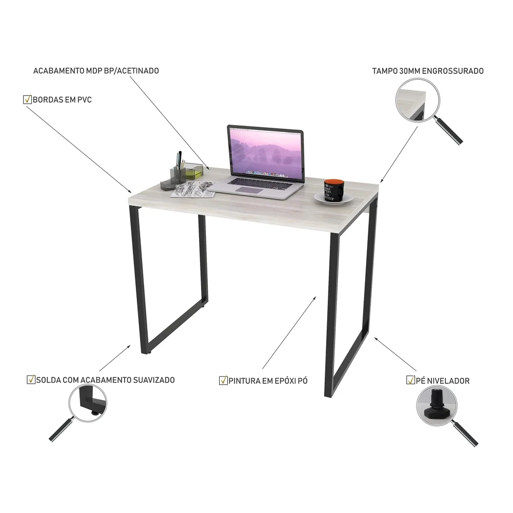 Kit 2 Mesas de Escritório Office 90cm Estilo Industrial Prisma C08 Snow - Mpozenato