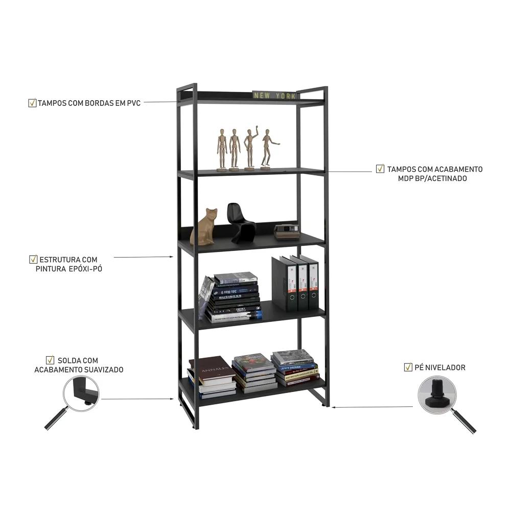 Kit 3 Estantes Livreiro Prisma Estilo Industrial 80cm 5 Prateleiras C08 Preto Onix - Mpozenato