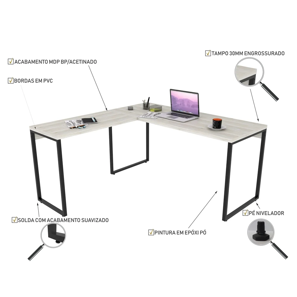 Kit 2 Mesas de Escritório Office em L 150x150cm Estilo Industrial Prisma C08 Snow - Mpozenato
