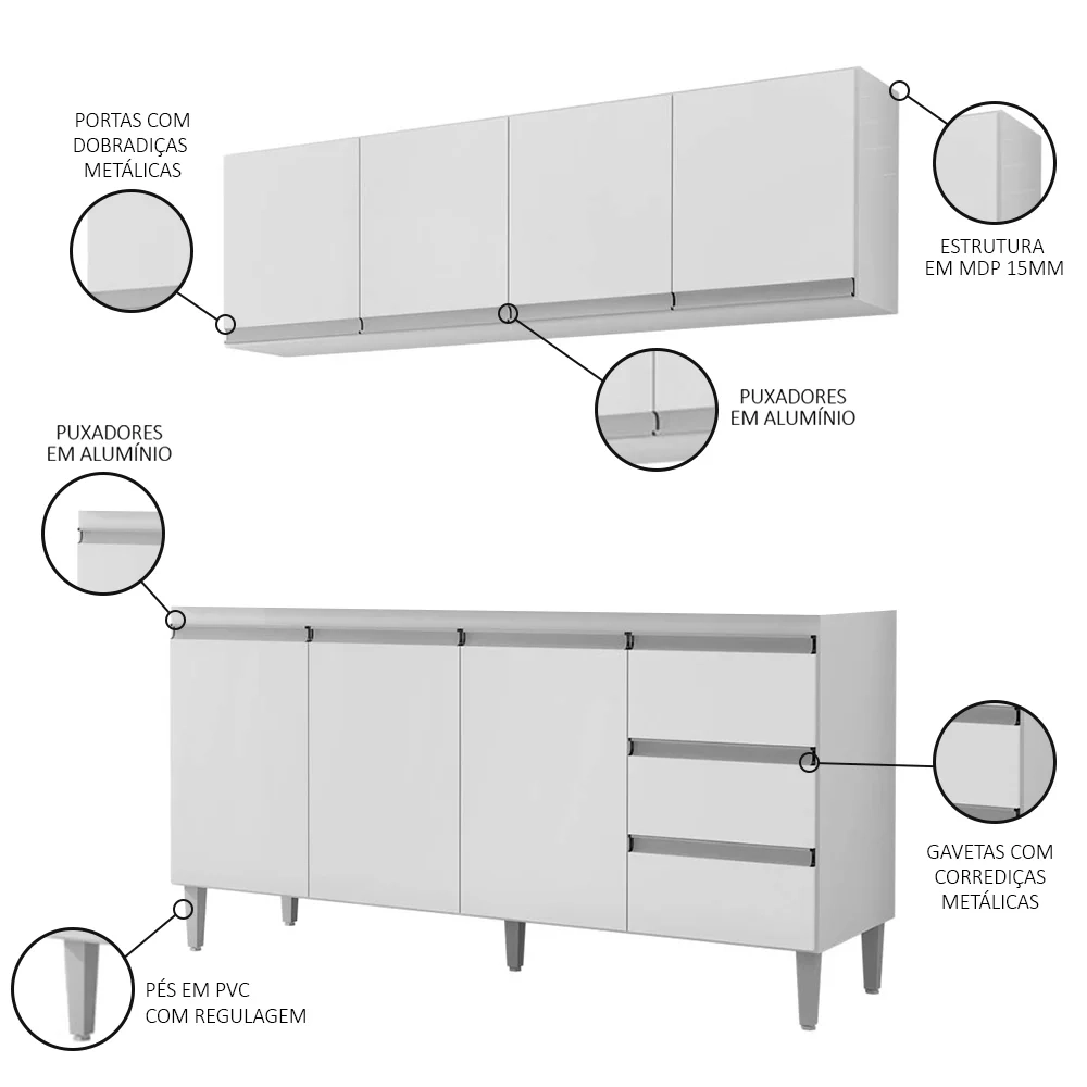 Armário Aéreo e Balcão Gabinete sem Tampo 160cm Andréia Branco - AJL Móveis