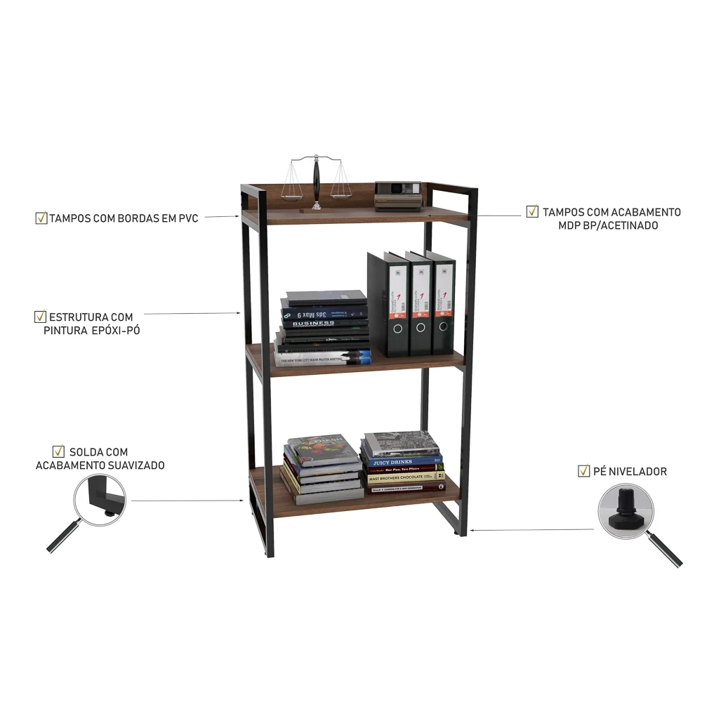 Conjunto Escritório Estilo Industrial Mesa 120cm e Estante 60cm 3 Prateleiras Prisma C08 Nogal - Mpozenato
