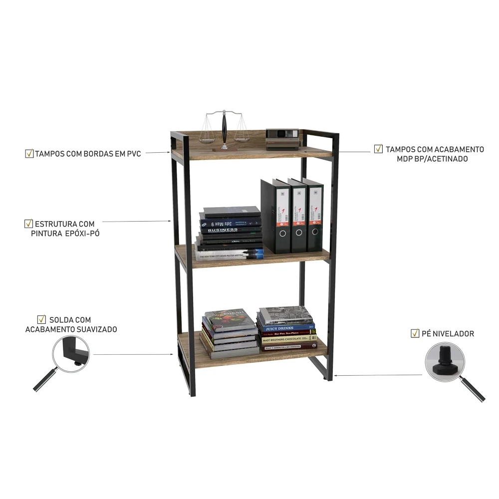 Conjunto Escritório Estilo Industrial Mesa 120cm e Estante 60cm 3 Prateleiras Prisma C08 Carvalho - Mpozenato