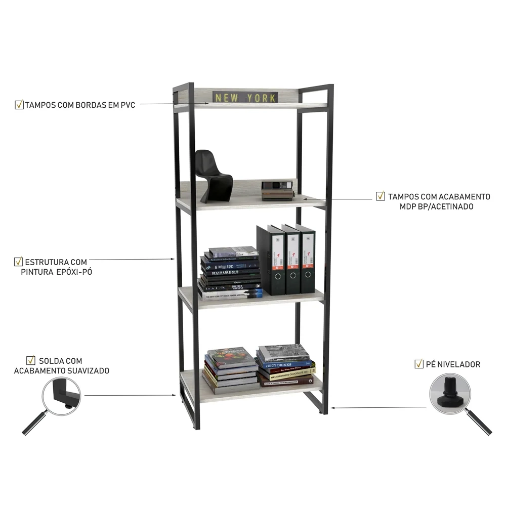 Conjunto Escritório Estilo Industrial Mesa 120cm e Estante 60cm 4 Prateleiras Prisma C08 Snow - Mpozenato