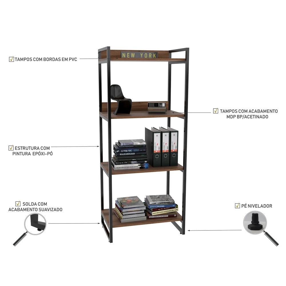 Conjunto Escritório Estilo Industrial Mesa 135cm e Estante 60cm 4 Prateleiras Prisma C08 Nogal - Mpozenato