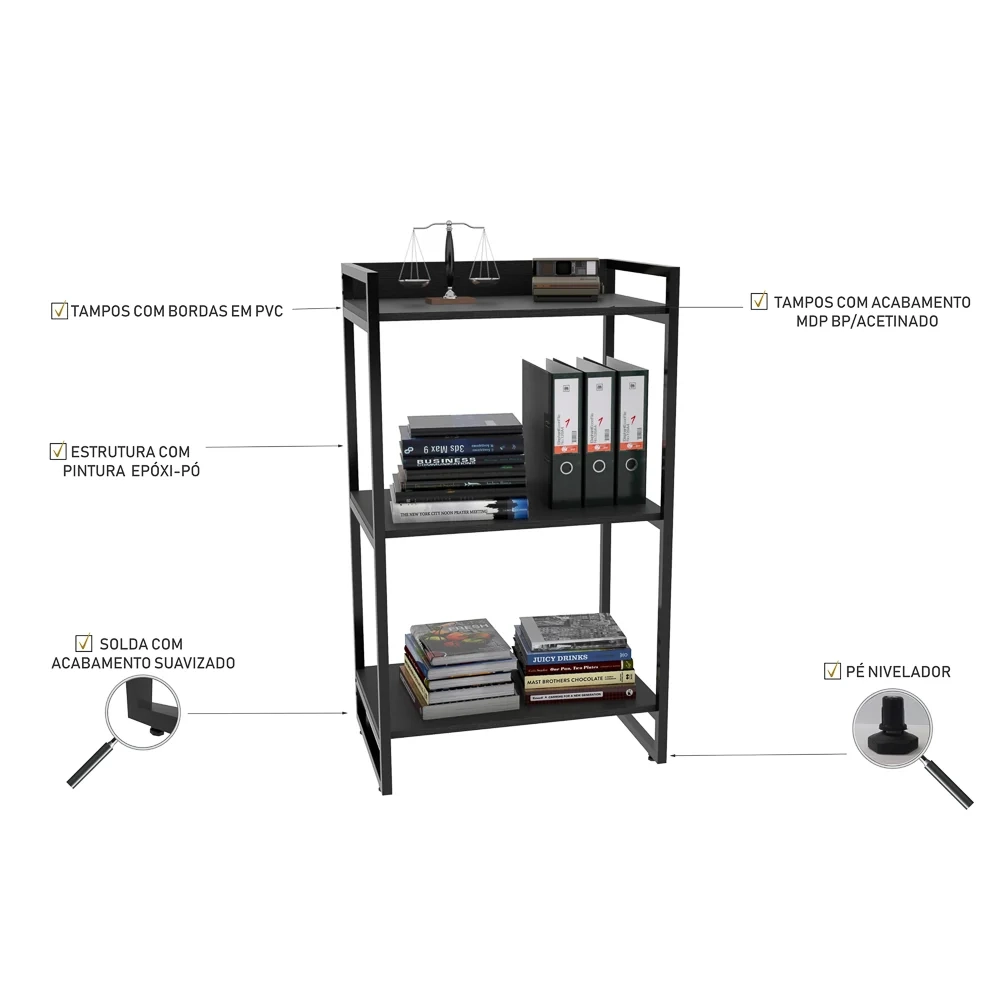 Conjunto Escritório Estilo Industrial Mesa 150cm e Estante 60cm 3 Prateleiras Prisma C08 Preto Onix - Mpozenato