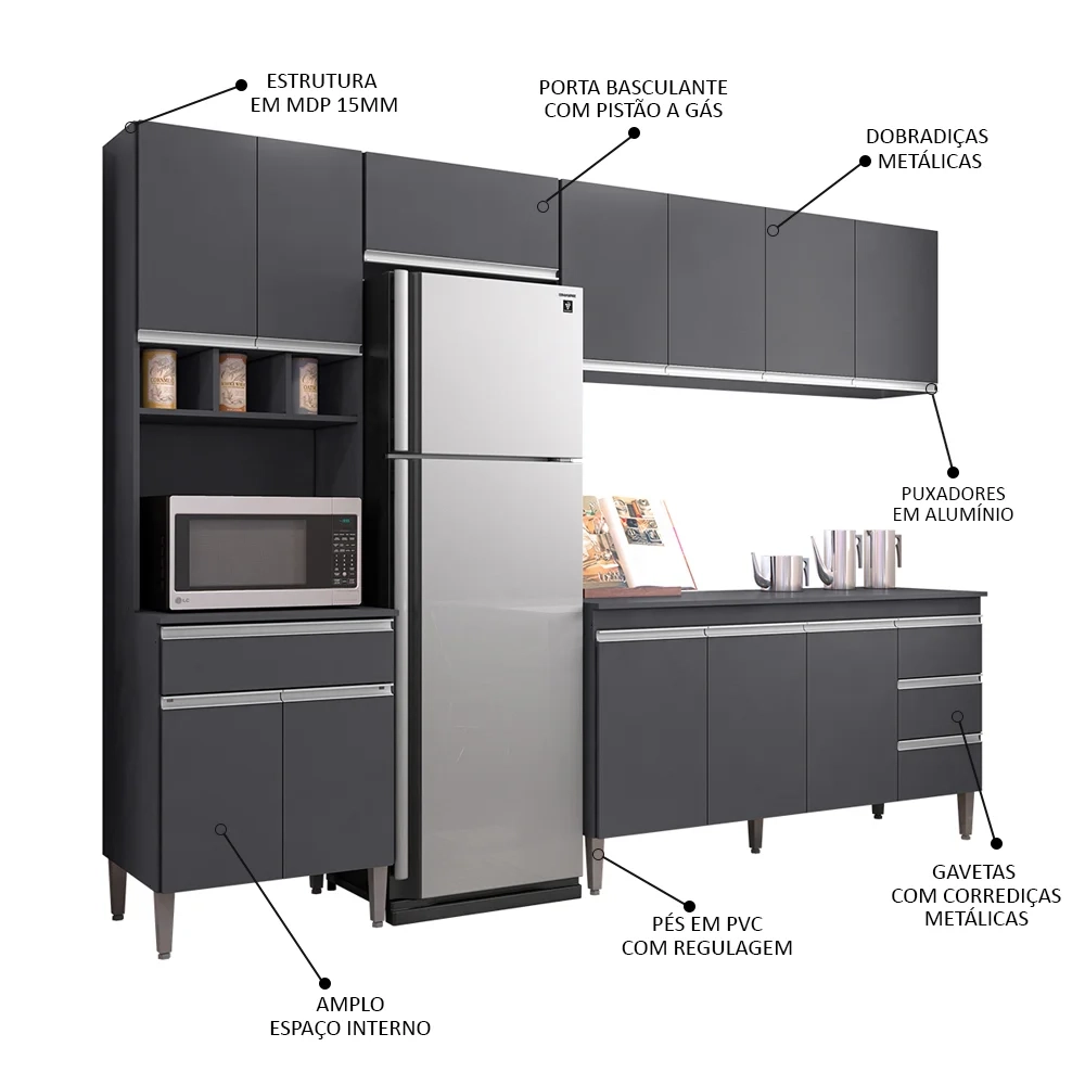 Cozinha Modulada 4 Peças Balcão com Tampo 160cm Andréia Cinza - AJL Móveis