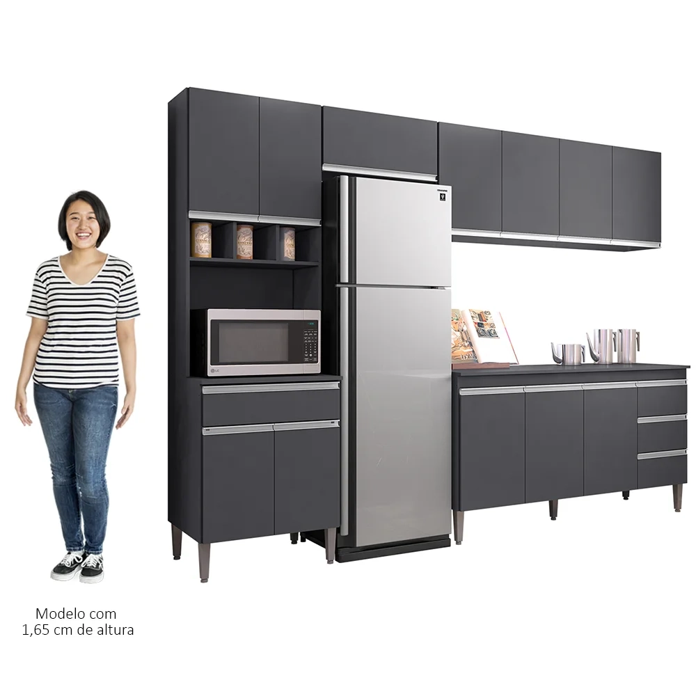 Cozinha Modulada 4 Peças Balcão com Tampo 160cm Andréia Cinza - AJL Móveis