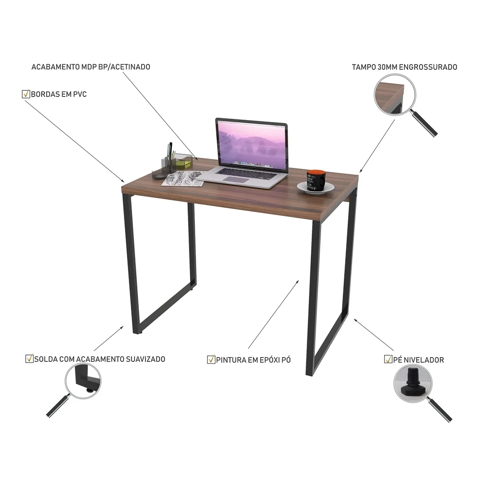 Mesa de Escritório Office 90cm Estilo Industrial Prisma C08 Nogal - Mpozenato
