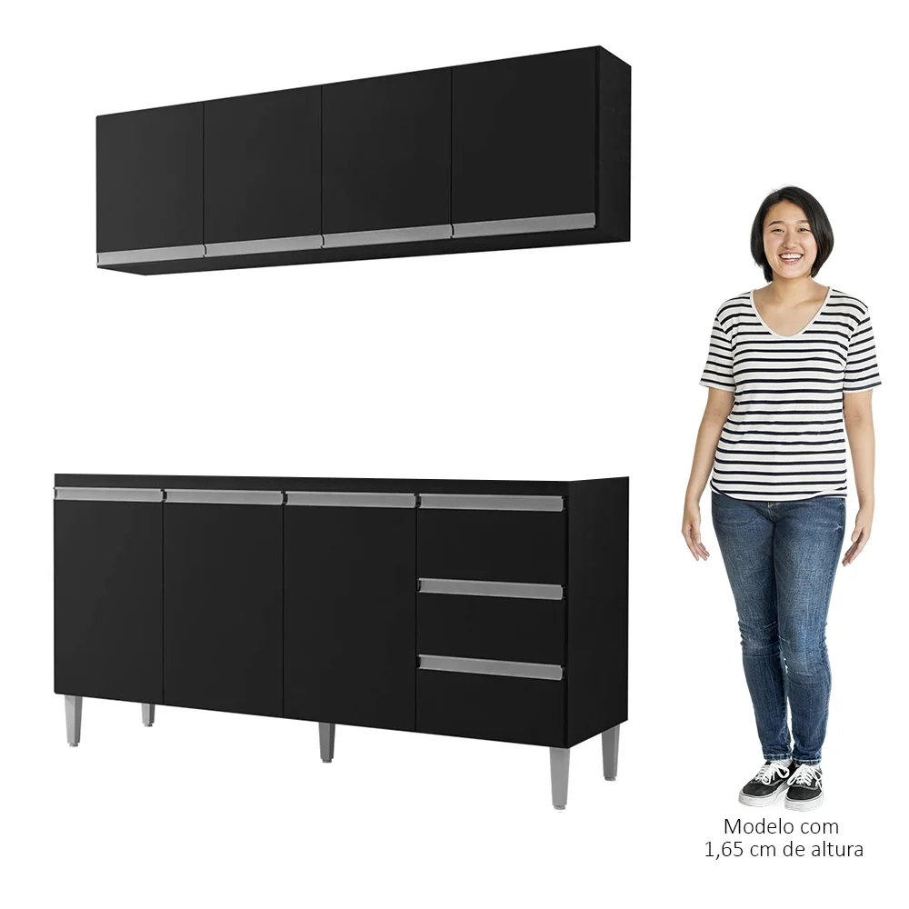 Armário Aéreo e Balcão Gabinete sem Tampo 160cm Andréia Preto - AJL Móveis