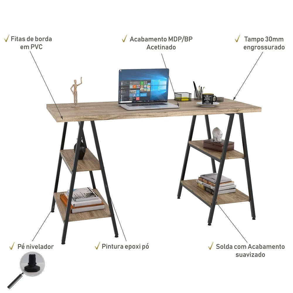 Mesa Escrivaninha Cavalete 135cm Estilo Industrial Prisma C08 Carvalho/Preto - Mpozenato