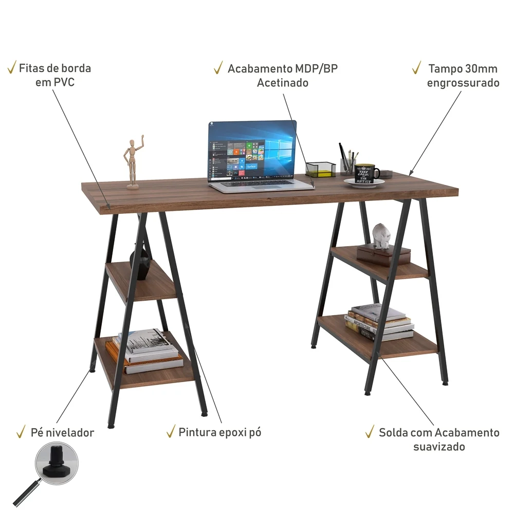 Mesa Escrivaninha Cavalete 135cm Estilo Industrial Prisma C08 Nogal/Preto - Mpozenato