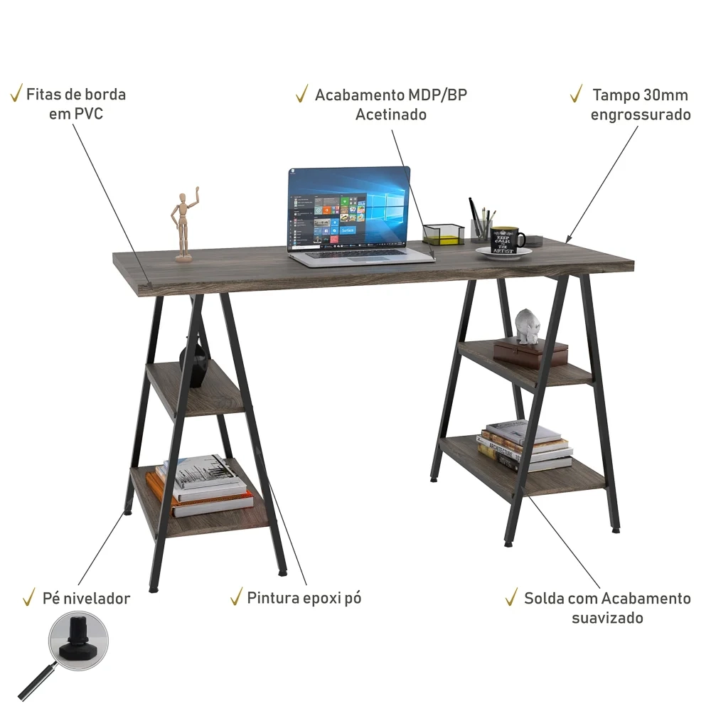 Mesa Escrivaninha Cavalete 135cm Estilo Industrial Prisma C08 Carvalho Dark/Preto - Mpozenato