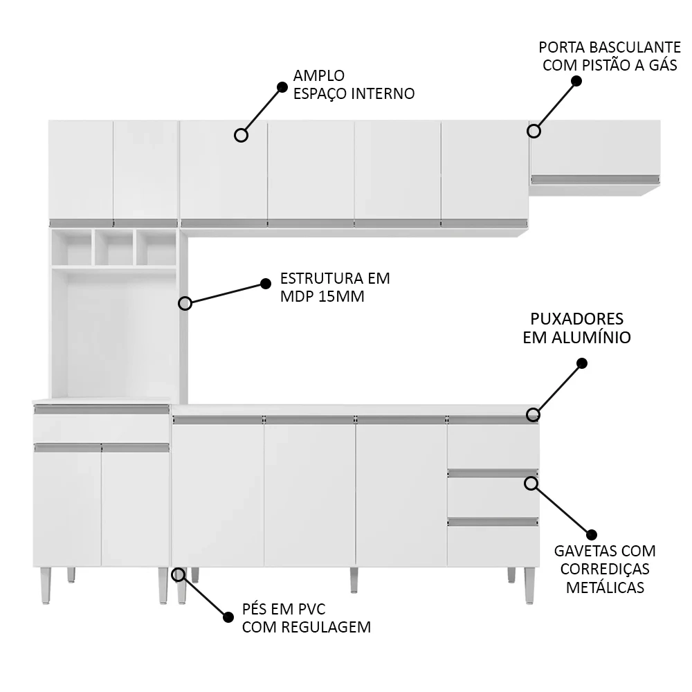 Cozinha Modulada 5 Peças Balcão com Pia 160cm Andréia Branco - AJL Móveis