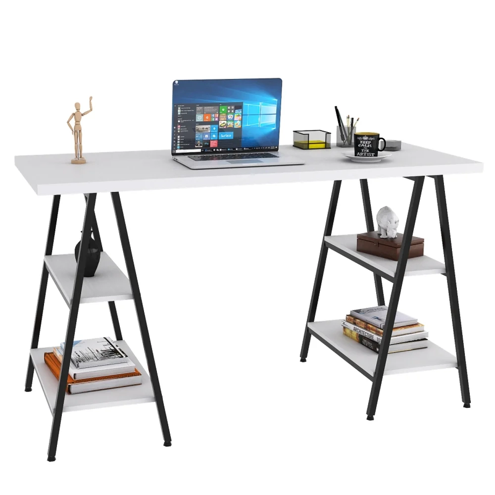 Mesa Escrivaninha Cavalete 135cm Estilo Industrial Prisma C08 Branco Chess/Preto - Mpozenato