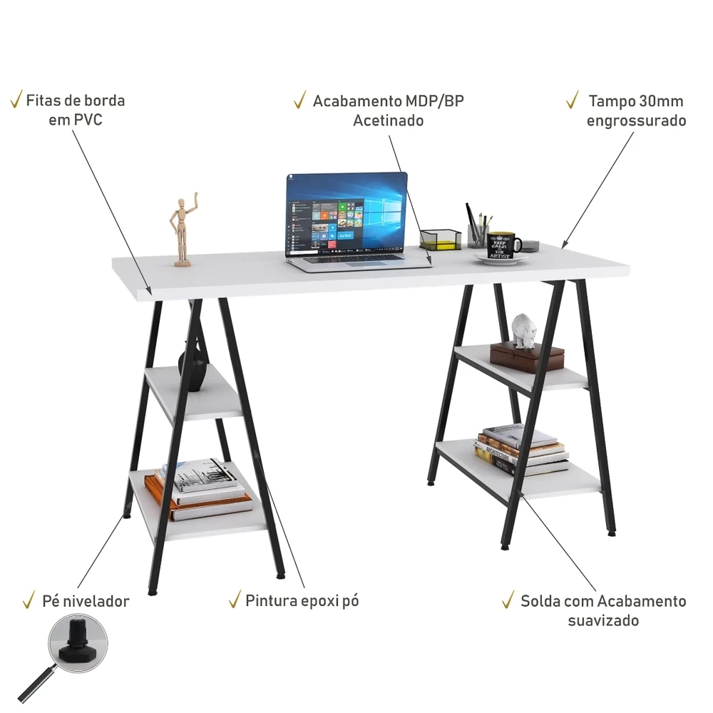 Mesa Escrivaninha Cavalete 135cm Estilo Industrial Prisma C08 Branco Chess/Preto - Mpozenato