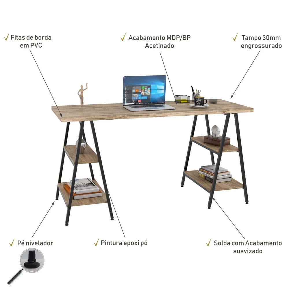 Mesa Escrivaninha Cavalete 150cm Estilo Industrial Prisma C08 Carvalho/Preto - Mpozenato
