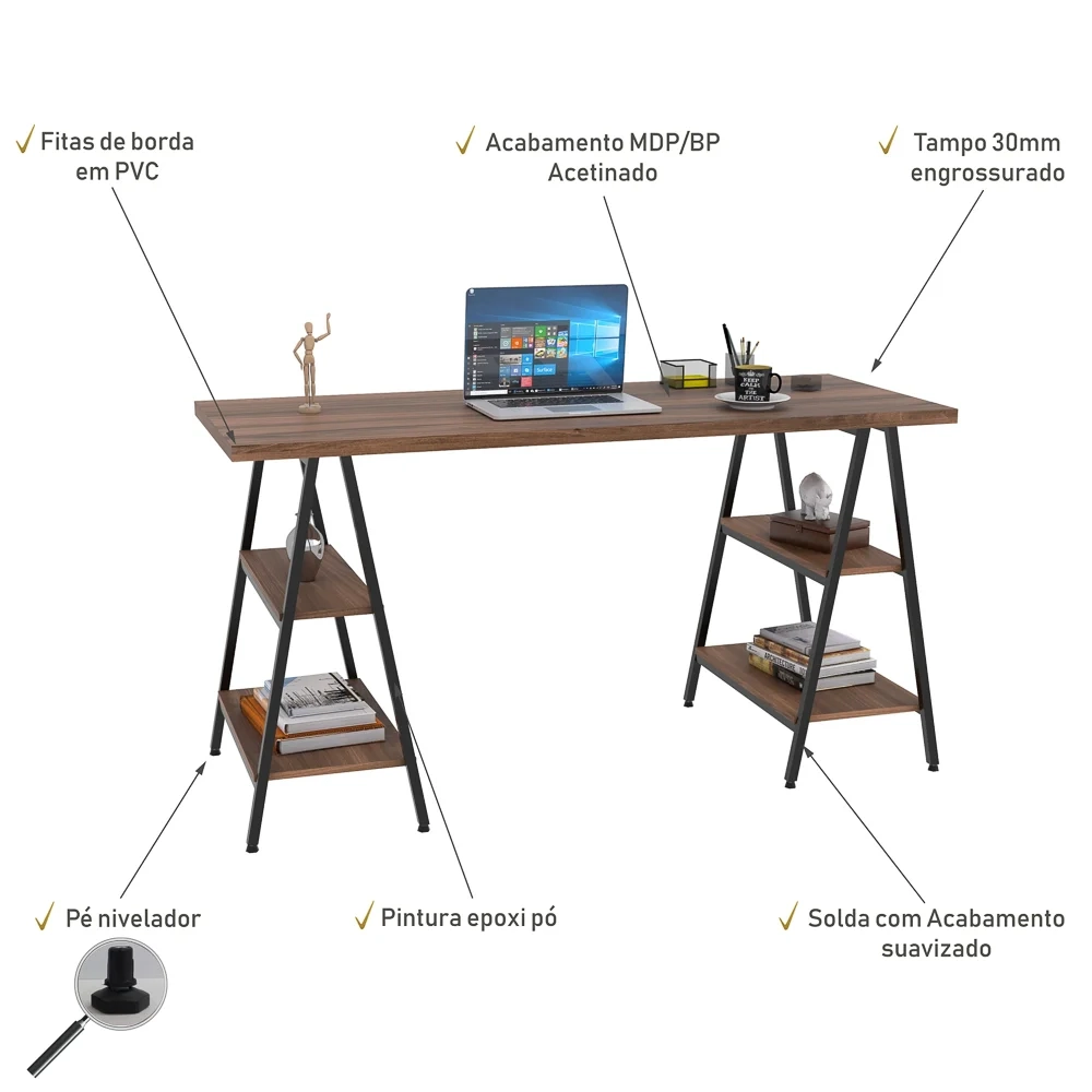 Mesa Escrivaninha Cavalete 150cm Estilo Industrial Prisma C08 Nogal/Preto - Mpozenato
