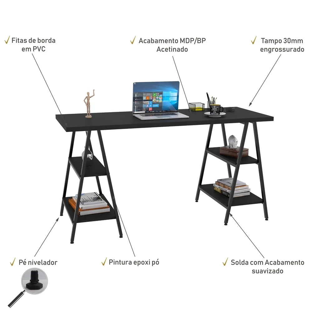 Mesa Escrivaninha Cavalete 150cm Estilo Industrial Prisma C08 Preto Ônix/Preto - Mpozenato