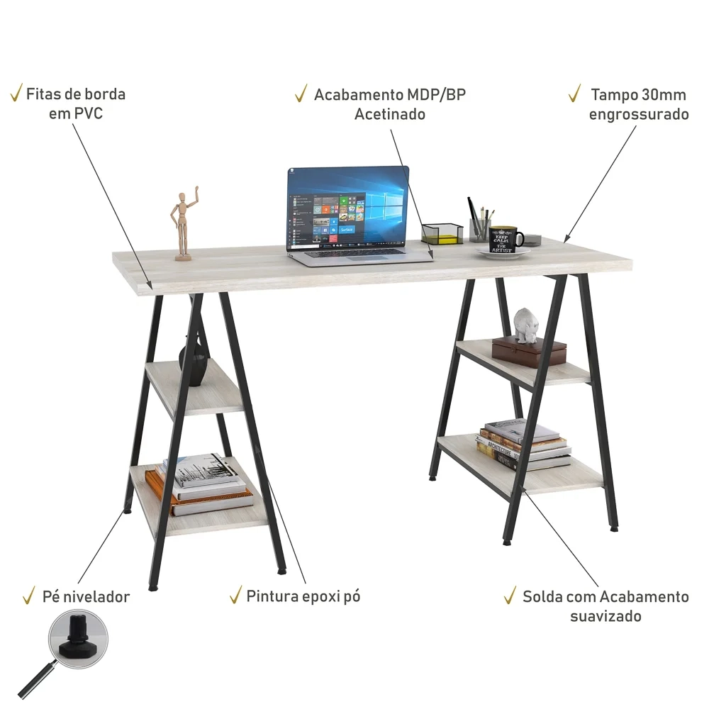 Mesa Escrivaninha Cavalete 135cm Estilo Industrial Prisma C08 Snow/Preto - Mpozenato