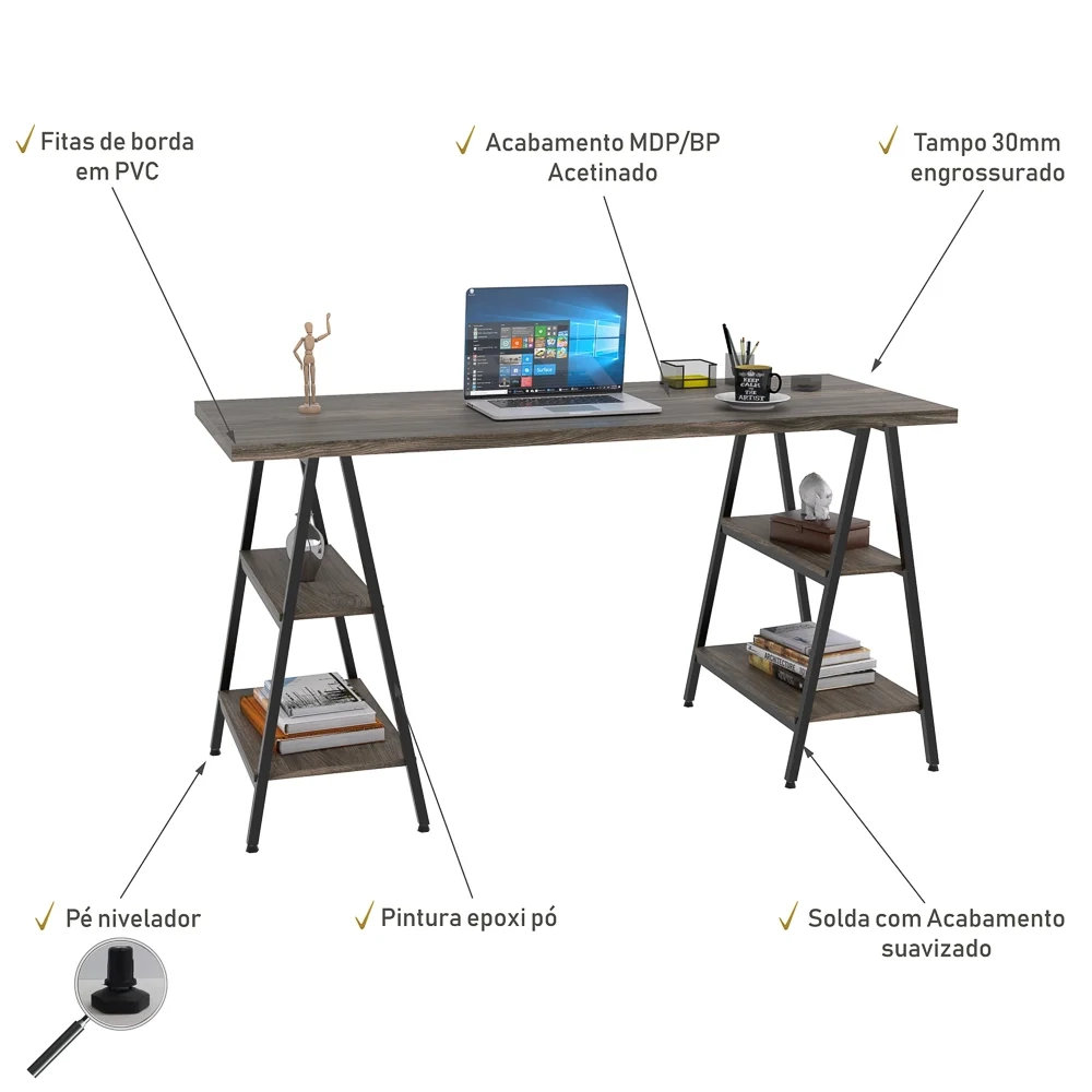 Mesa Escrivaninha Cavalete 150cm Estilo Industrial Prisma C08 Carvalho Dark/Preto - Mpozenato
