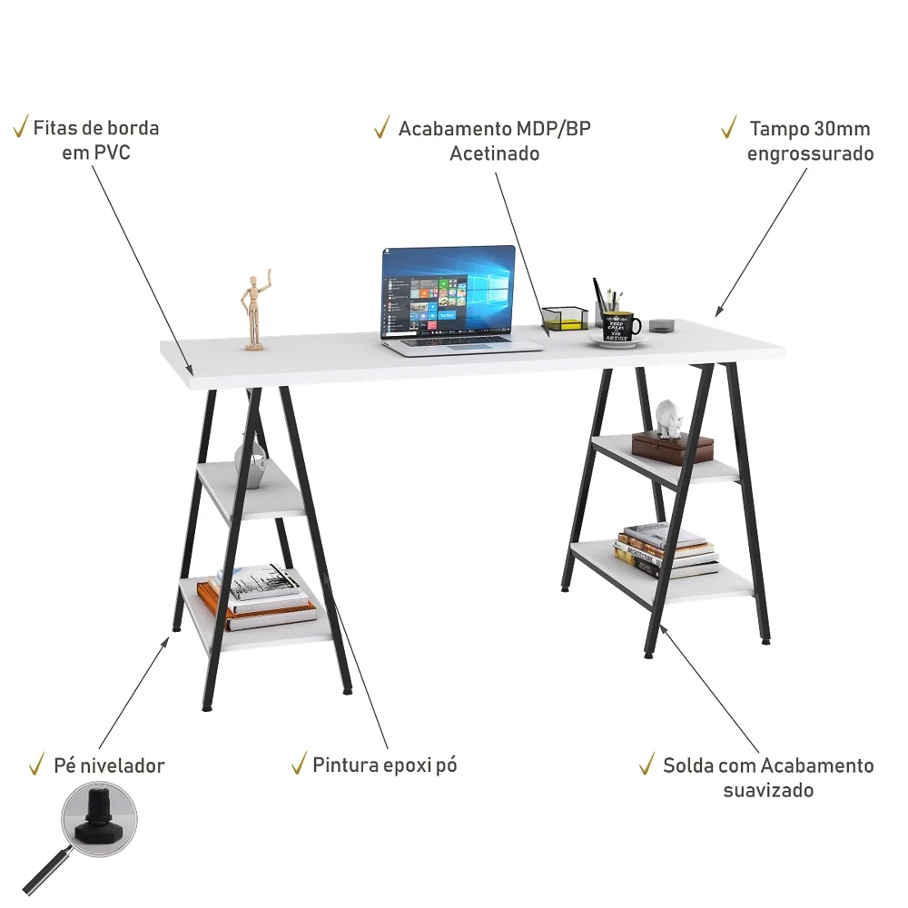 Mesa Escrivaninha Cavalete 150cm Estilo Industrial Prisma C08 Branco Chess/Preto - Mpozenato