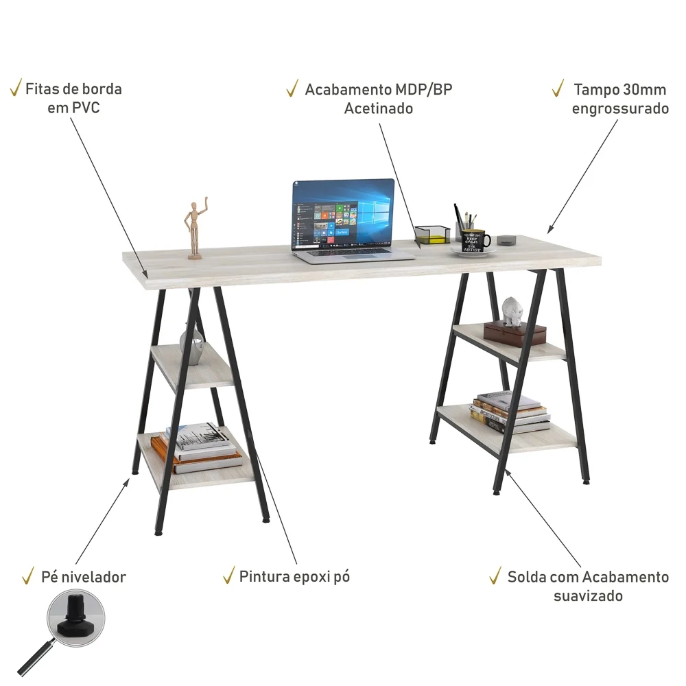 Mesa Escrivaninha Cavalete 150cm Estilo Industrial Prisma C08 Snow/Preto - Mpozenato