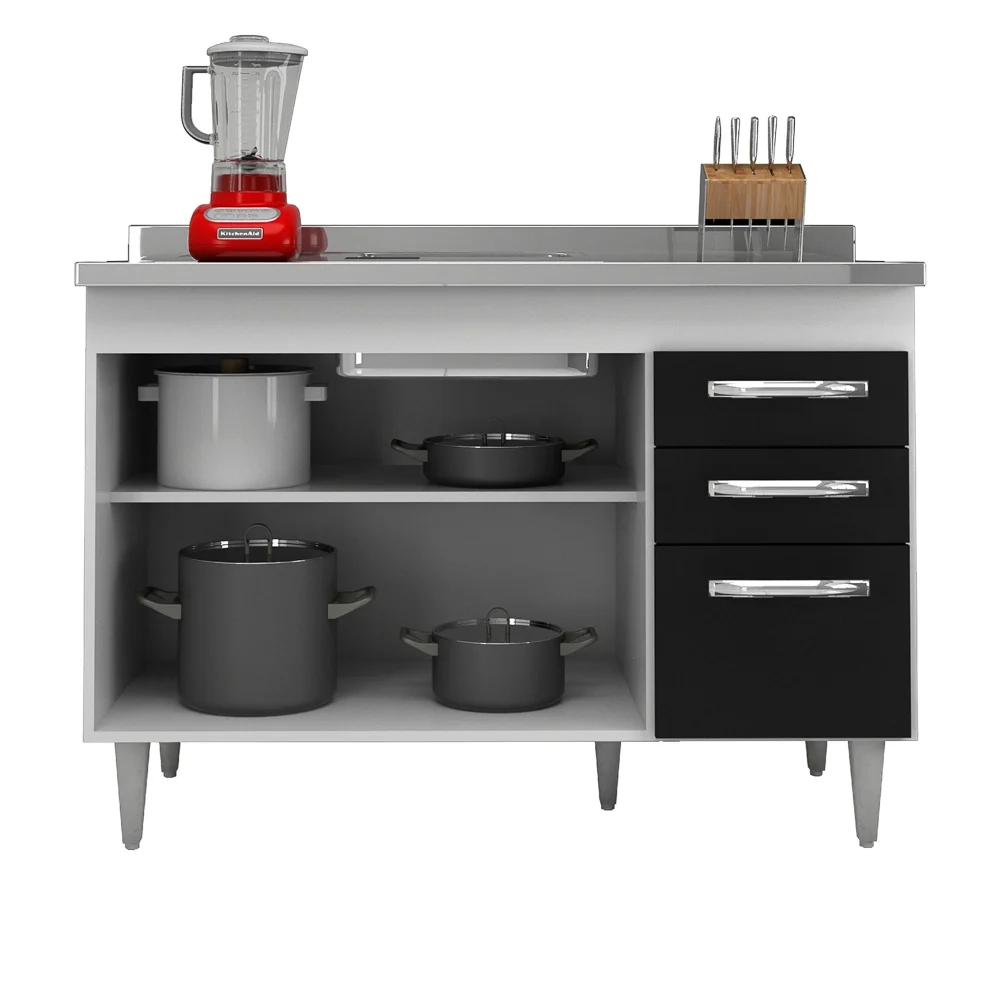 Balcão Gabinete Para Pia 120cm Suécia 3 Portas 2 Gavetas sem Tampo Branco/Preto - Lumil Móveis