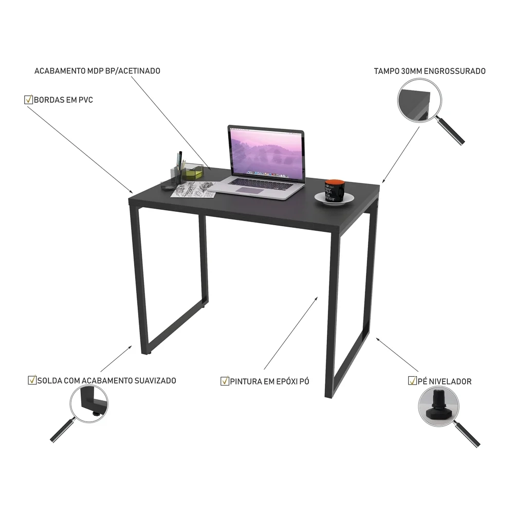 Mesa de Escritório Office 90cm Estilo Industrial Prisma C08 Preto Onix - Mpozenato