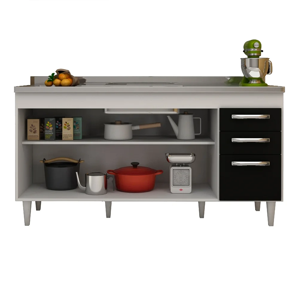 Balcão Gabinete Para Pia Áustria sem Tampo 160cm 4 Portas 2 Gavetas Branco/Preto - Lumil Móveis