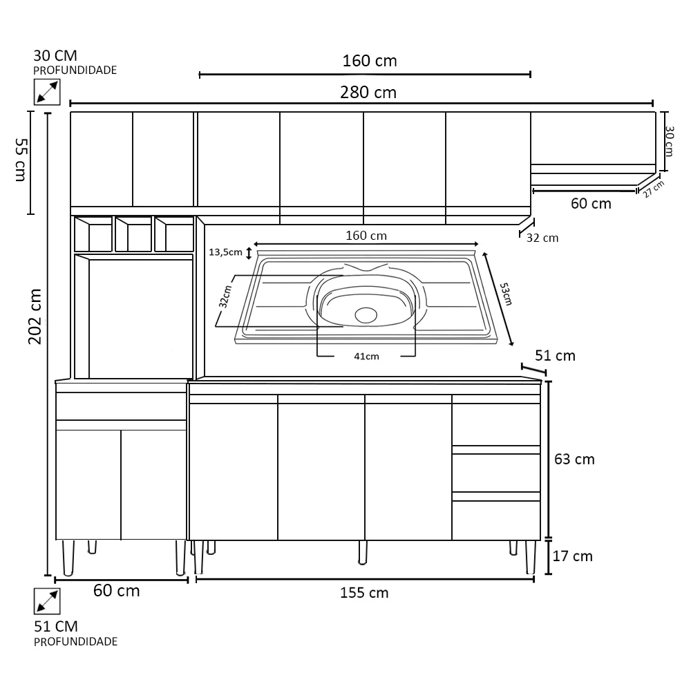 Cozinha Modulada 5 Peças Balcão com Pia 160cm Andréia Preto - AJL Móveis