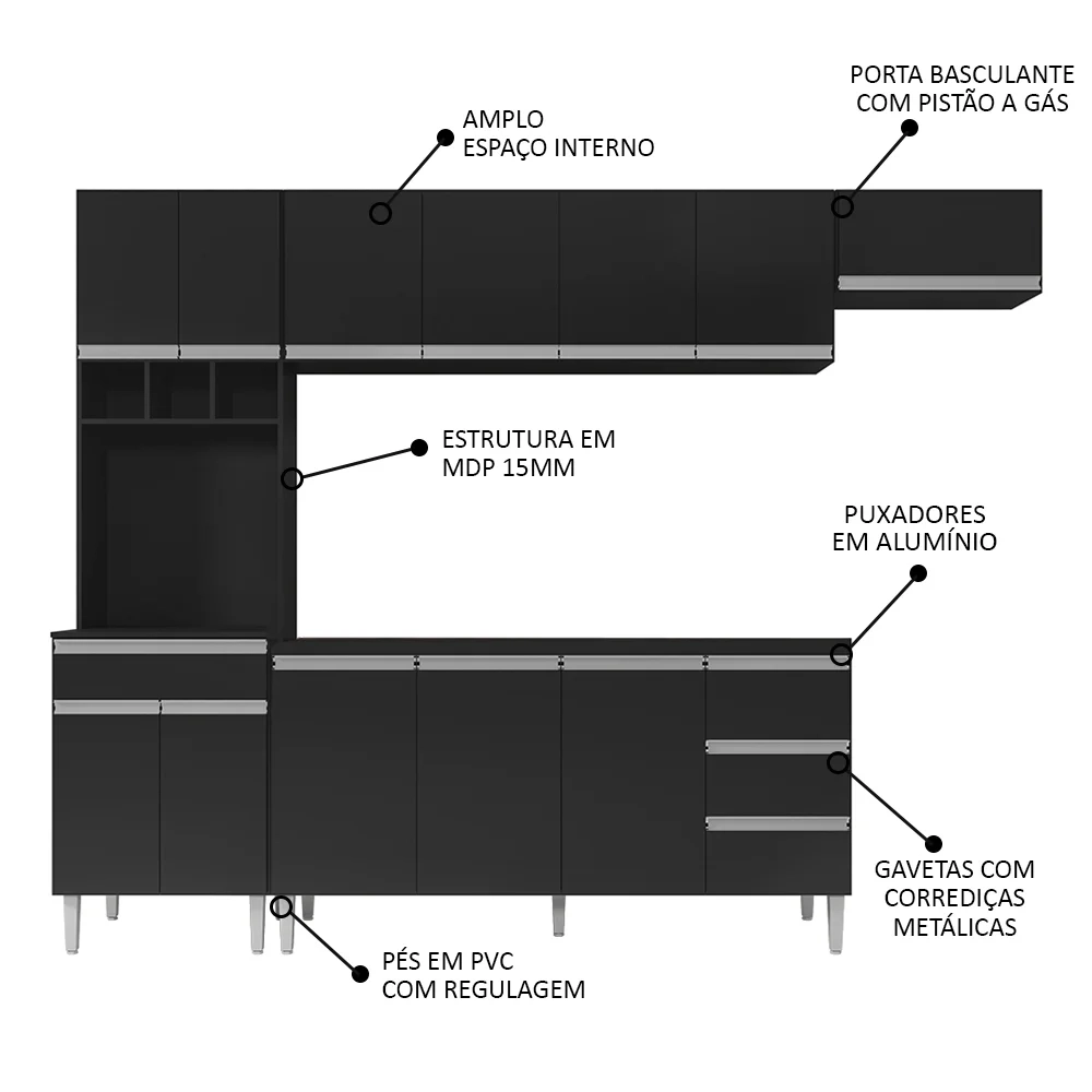Cozinha Modulada 5 Peças Balcão com Pia 160cm Andréia Preto - AJL Móveis