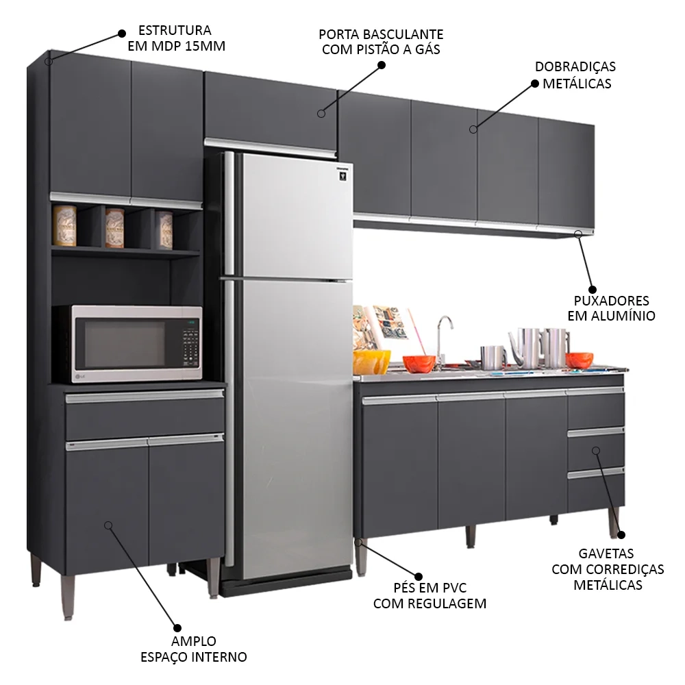 Cozinha Modulada 5 Peças Balcão com Pia 160cm Andréia Cinza - AJL Móveis