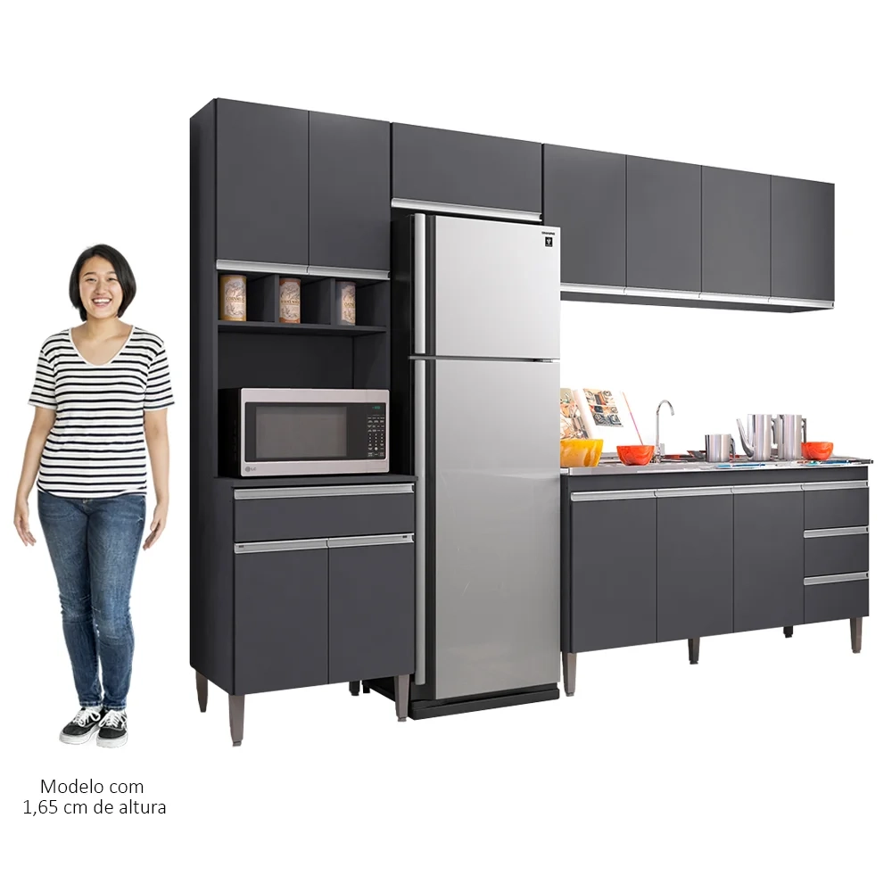 Cozinha Modulada 5 Peças Balcão com Pia 160cm Andréia Cinza - AJL Móveis