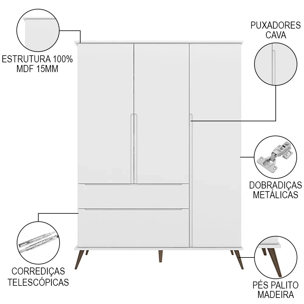 Guarda Roupa Infantil 100% MDF 3 Portas Pés Retrô Mel Z39 Branco - Mpozenato