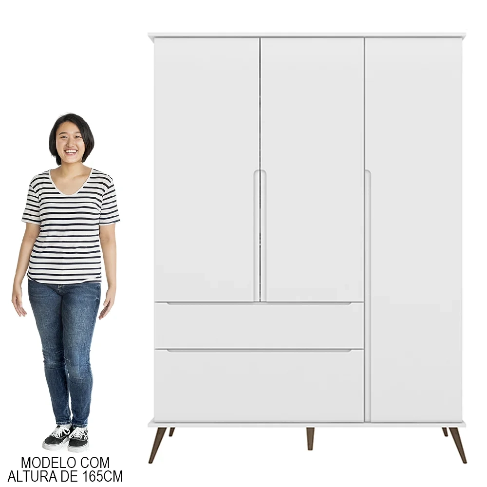 Guarda Roupa Infantil 100% MDF 3 Portas Pés Retrô Mel Z39 Branco - Mpozenato