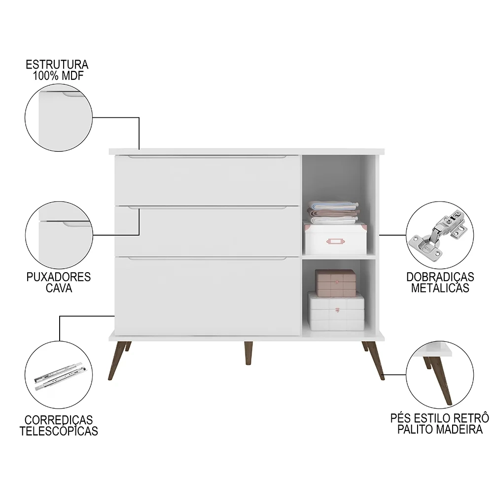 Cômoda Infantil 1 Porta 3 Gavetas 100% MDF Pés Retrô Mel Z39 Branco - Mpozenato