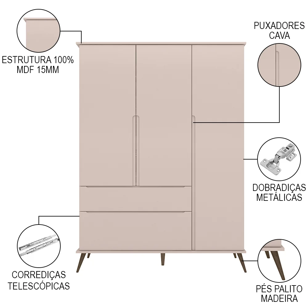 Guarda Roupa Infantil 100% MDF Pés Retrô Mel Z39 Rosê - Mpozenato
