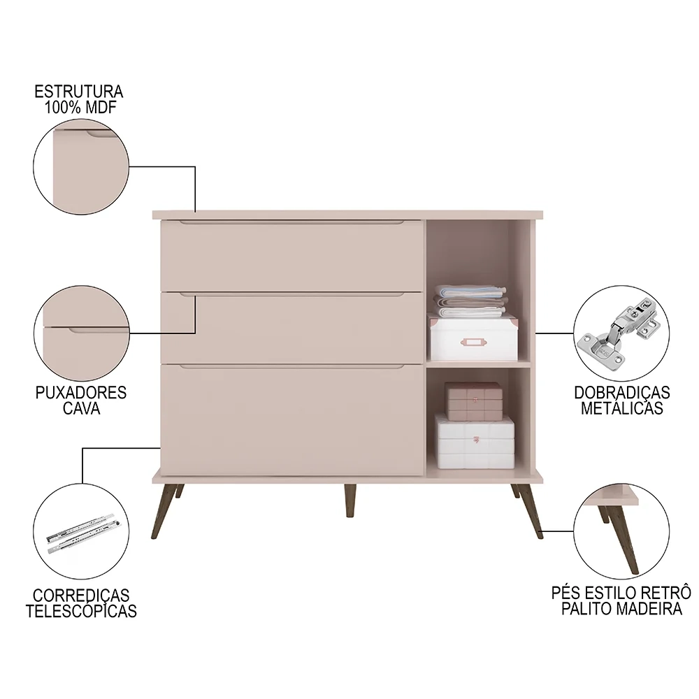 Cômoda Infantil 1 Porta 3 Gavetas 100% MDF Pés Retrô Mel Z39 Rosê - Mpozenato