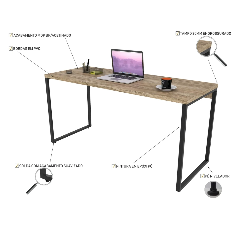 Mesa de Escritório Office 150cm Estilo Industrial Prisma C08 Carvalho - Mpozenato