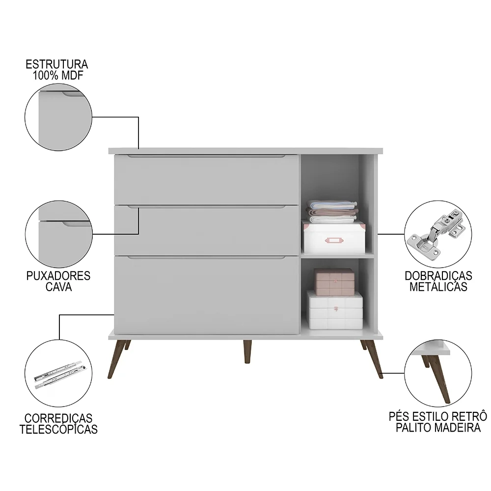 Cômoda Infantil 1 Porta 3 Gavetas 100% MDF Pés Retrô Mel Z39 Cinza - Mpozenato