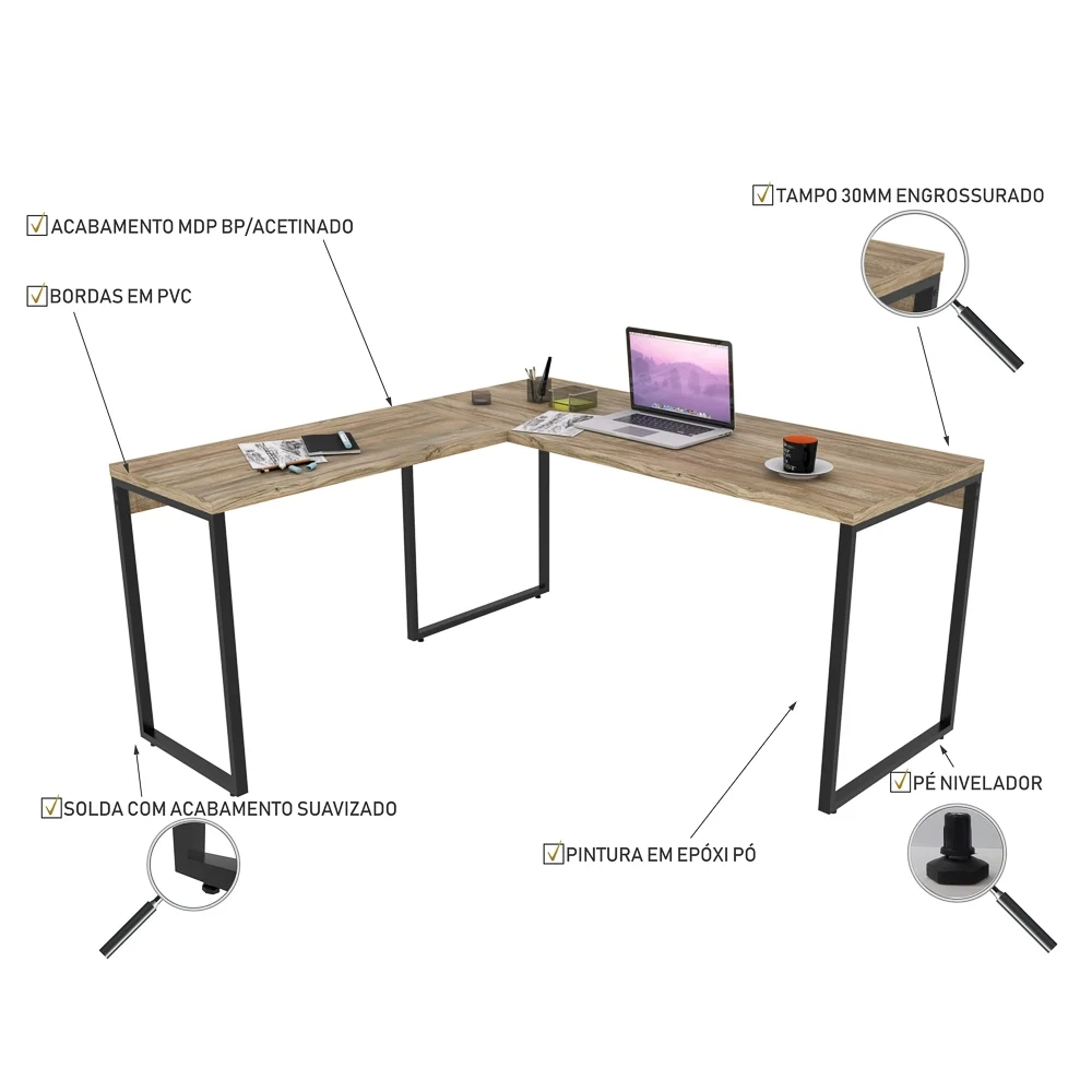 Mesa de Escritório Office em L 150x150cm Estilo Industrial Prisma C08 Carvalho - Mpozenato