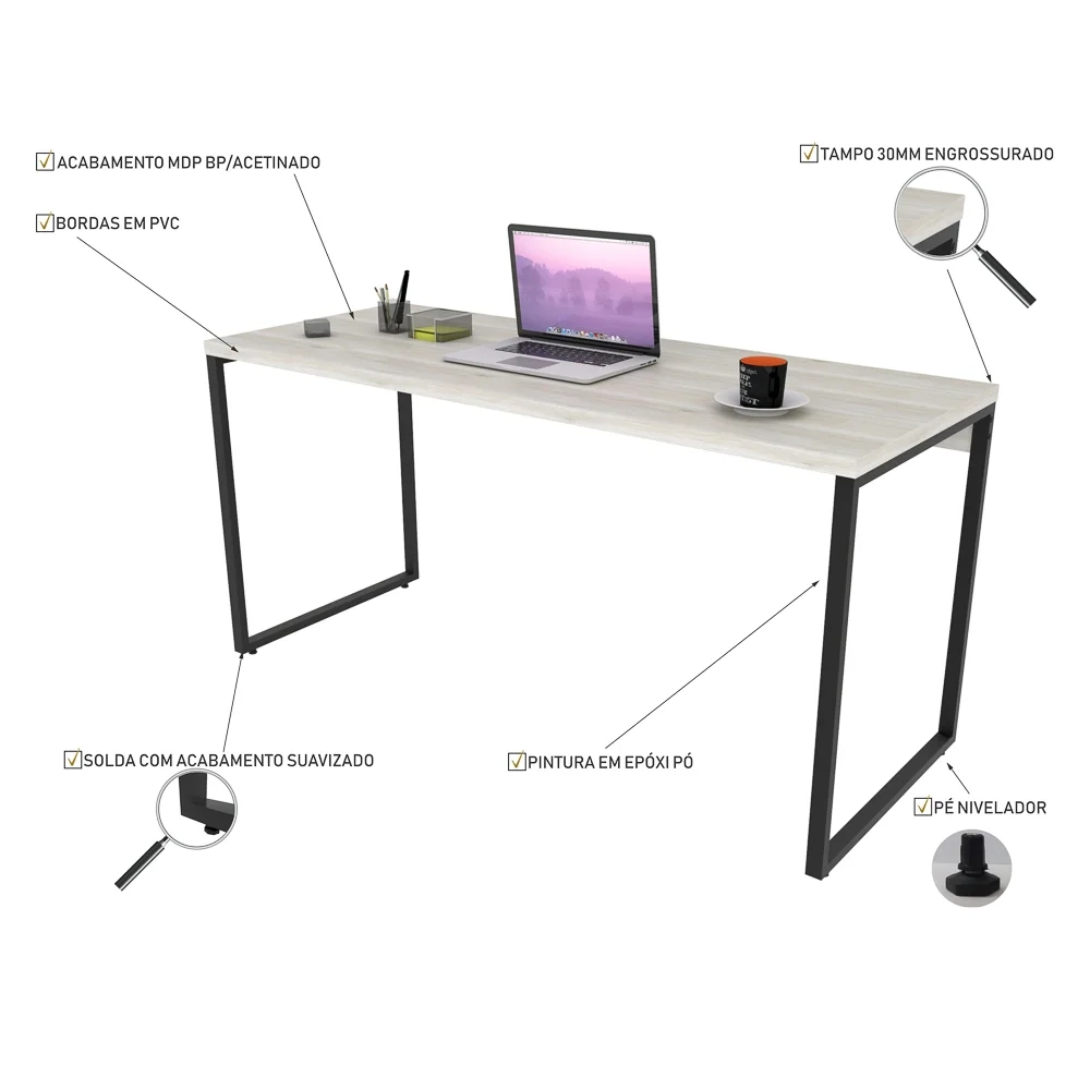 Mesa de Escritório Office 150cm Estilo Industrial Prisma C08 Snow - Mpozenato