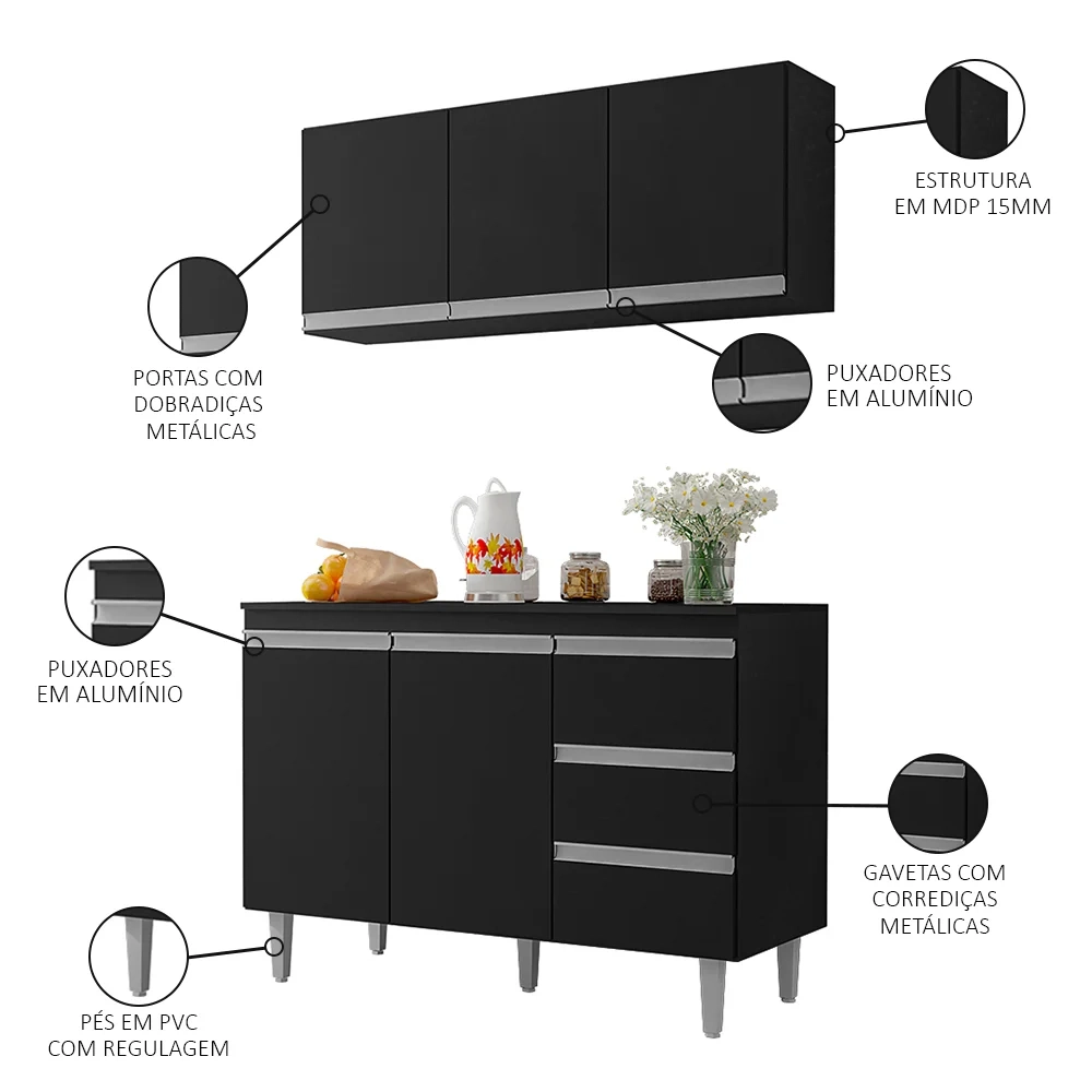 Armário Aéreo e Balcão Gabinete com Tampo 120cm Andréia Preto - AJL Móveis