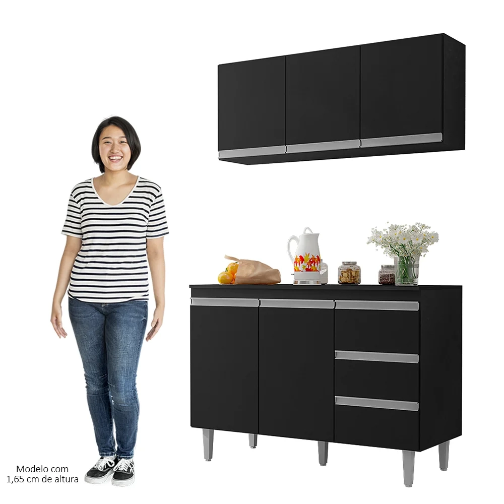 Armário Aéreo e Balcão Gabinete com Tampo 120cm Andréia Preto - AJL Móveis