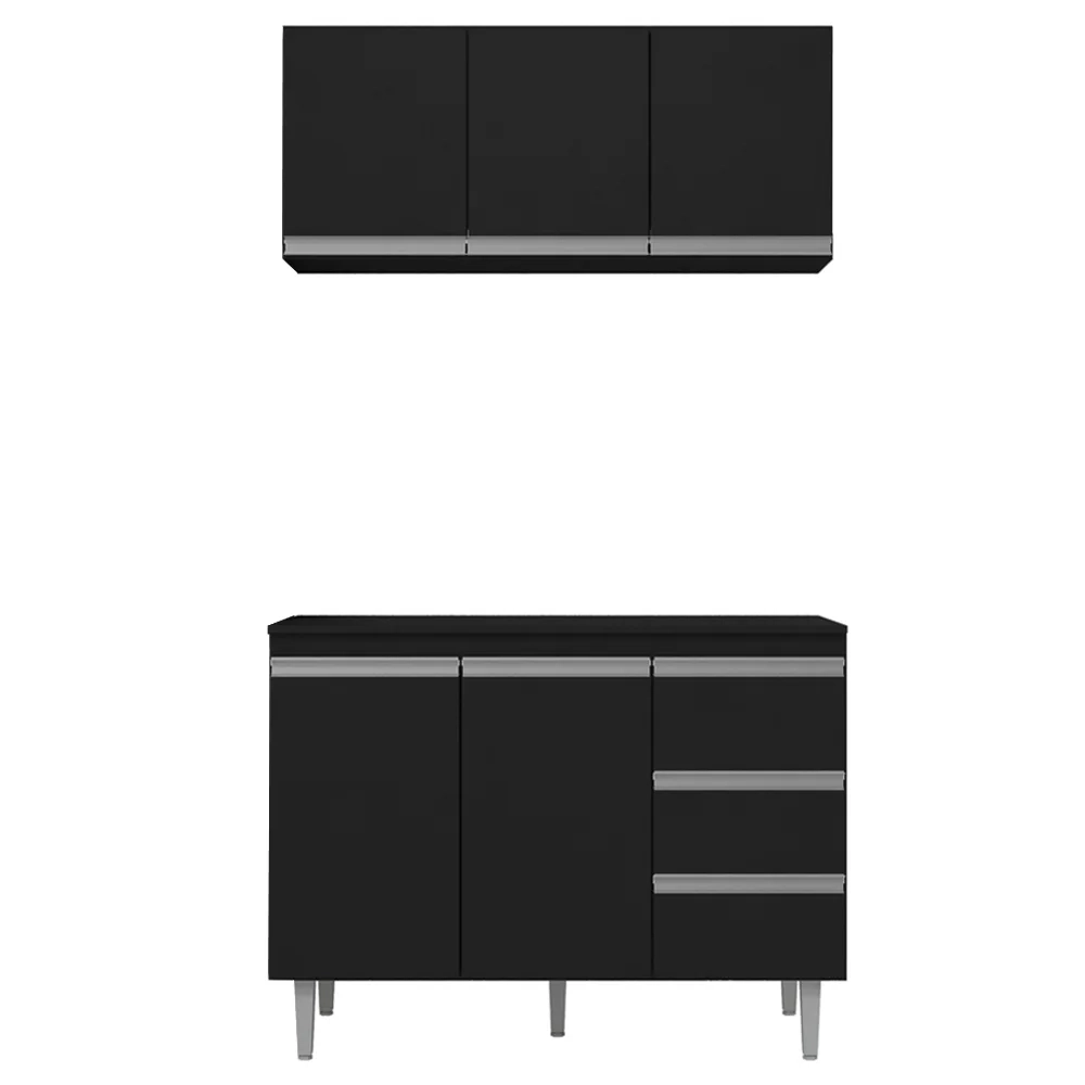 Armário Aéreo e Balcão Gabinete com Tampo 120cm Andréia Preto - AJL Móveis